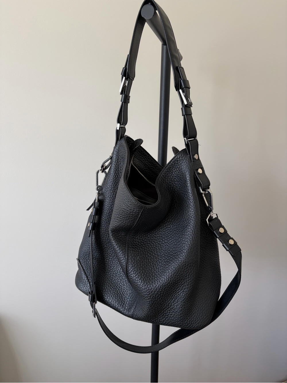 Textured Black Leather Slouch Shoulder Bag - Women's Everyday Hobo